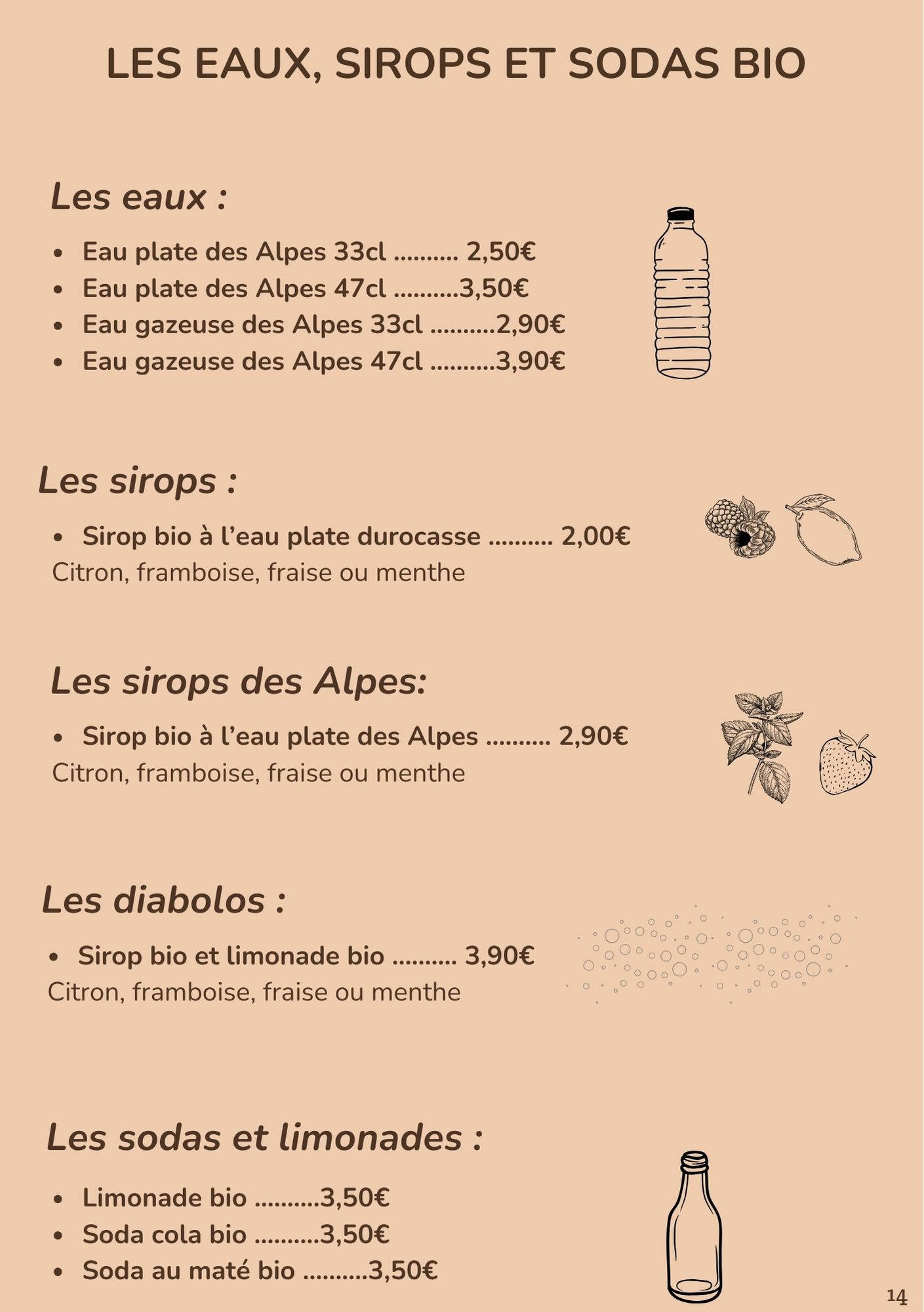 Carte des Bocaux d'Ugo - Les eaux, sirops et sodas