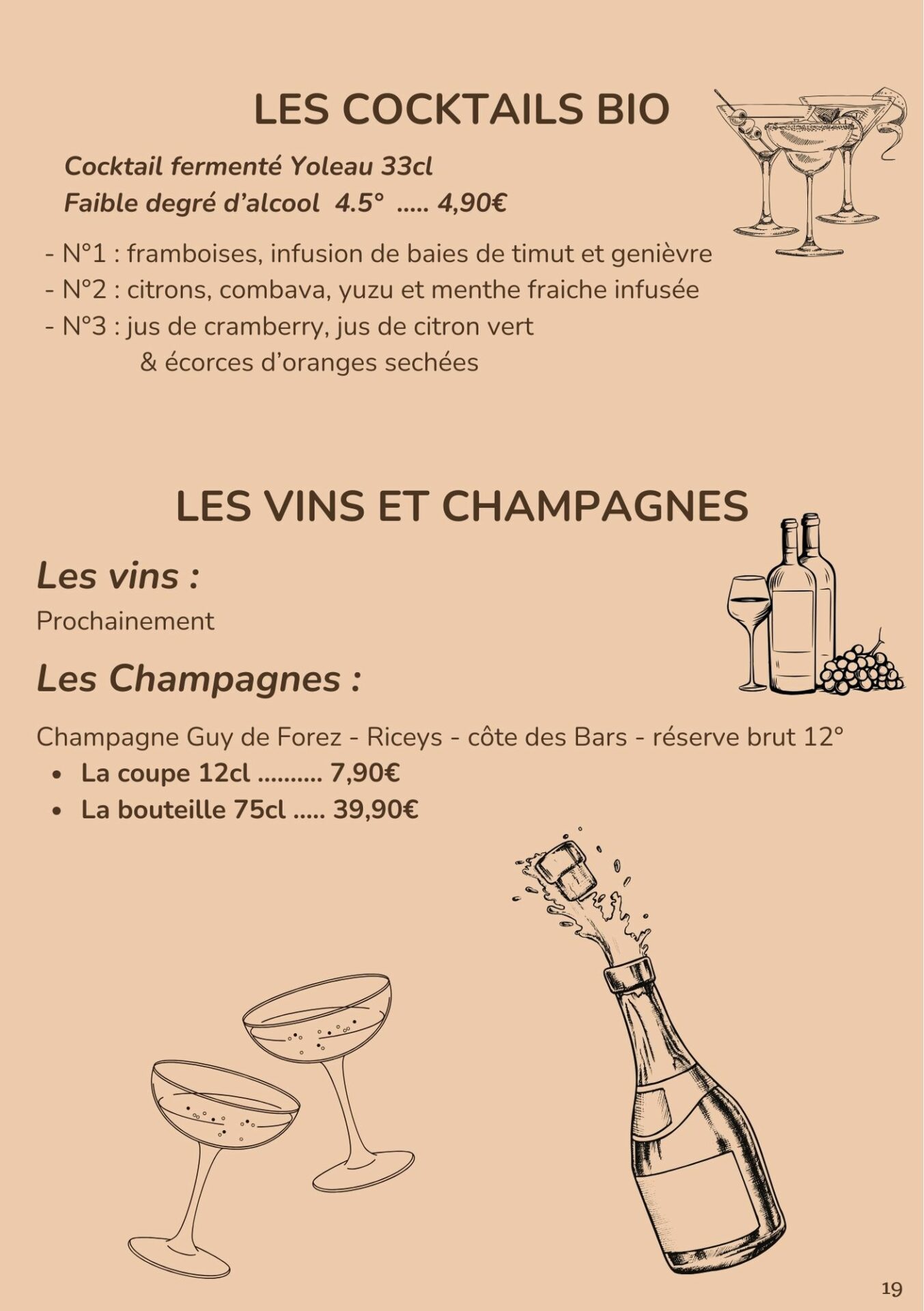 Menu les cocktails, les vins et les champagnes